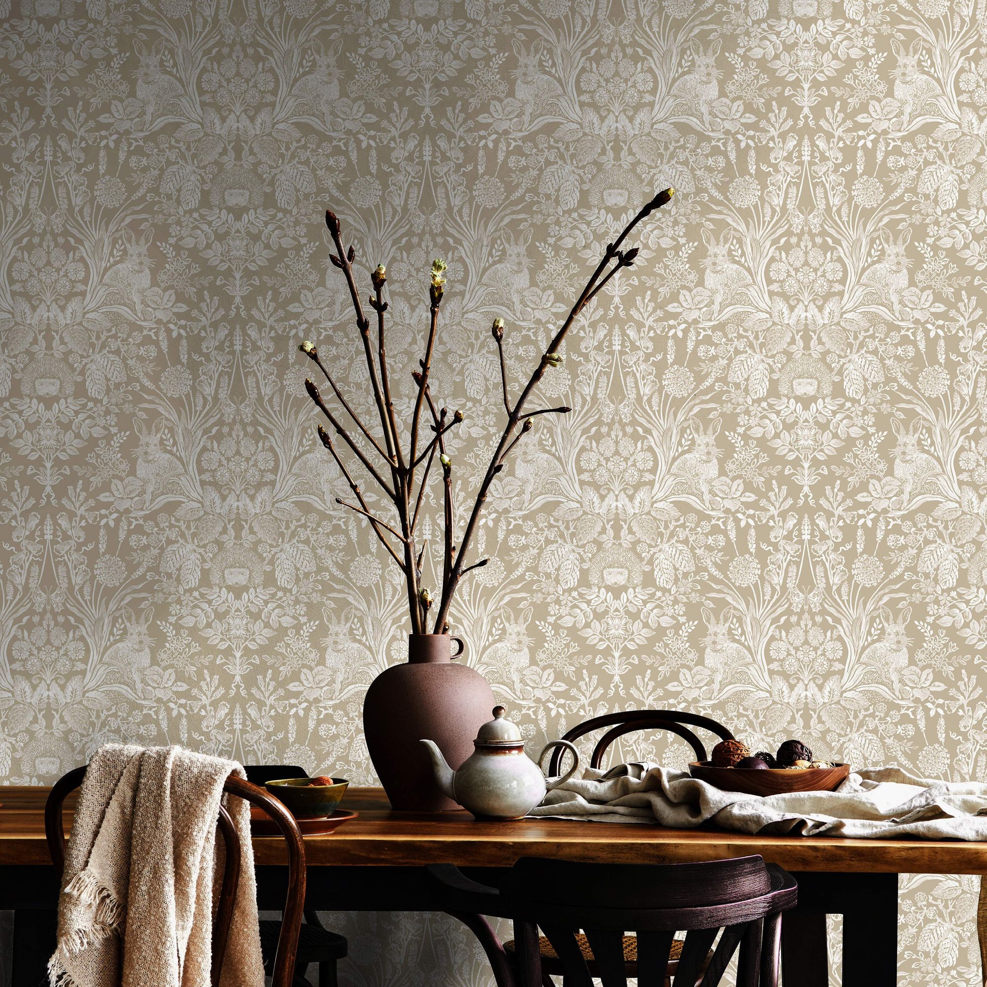 Harlen Woodland Damask Beige William Morris Style Wallpaper 13559 13559